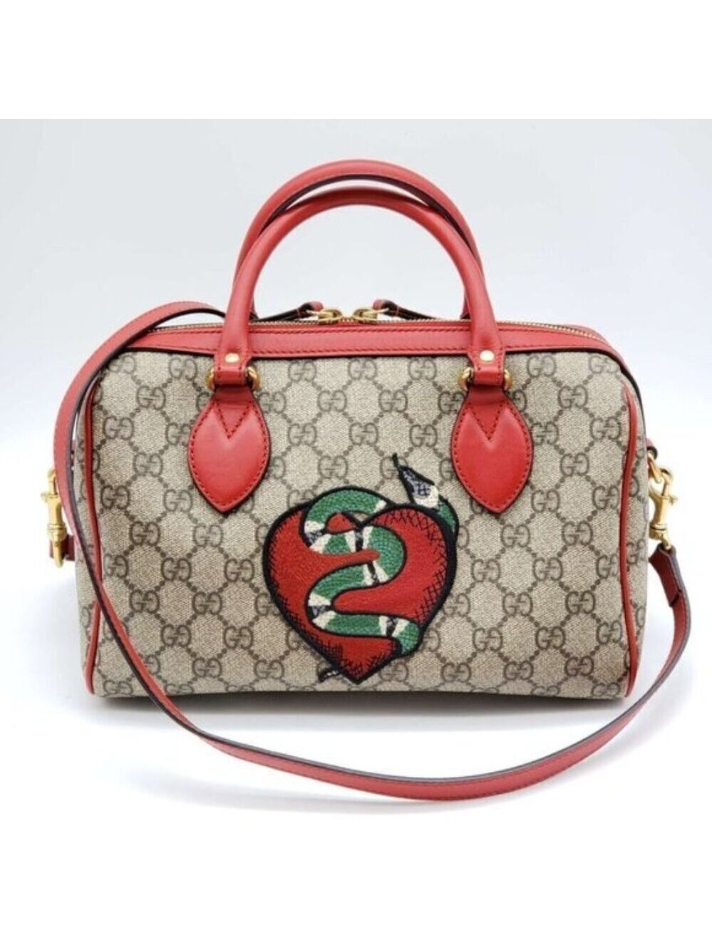 Authentic Gucci GG Supreme Tian Heart Snake Boston Bag Red Leather Crossbody